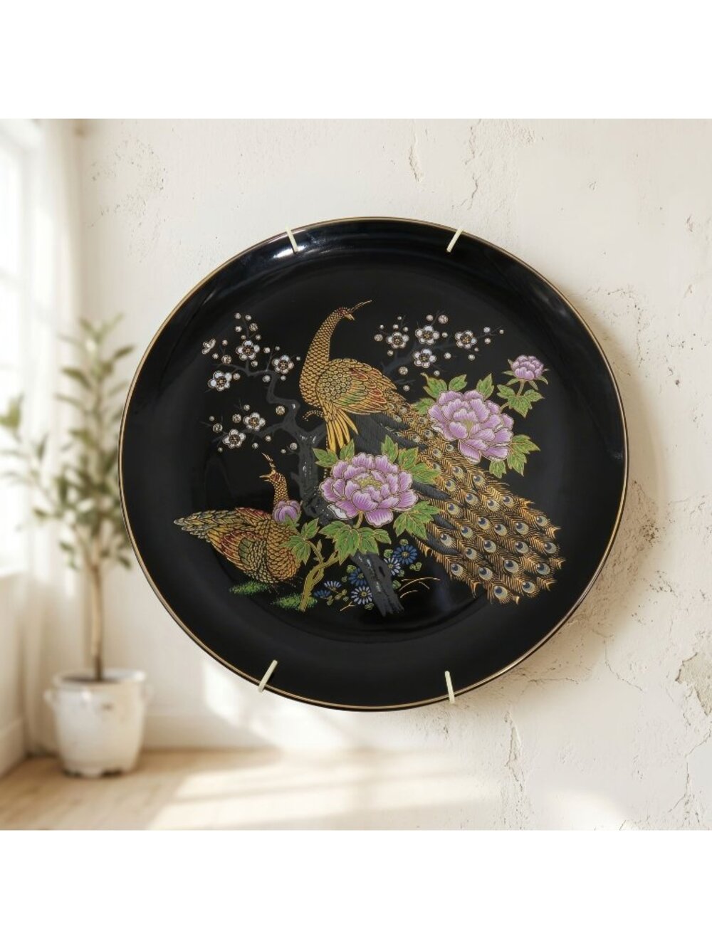 Vintage Satsuma Peacock Dynasty Kyoto Decorative Black Plate 10" Boxed